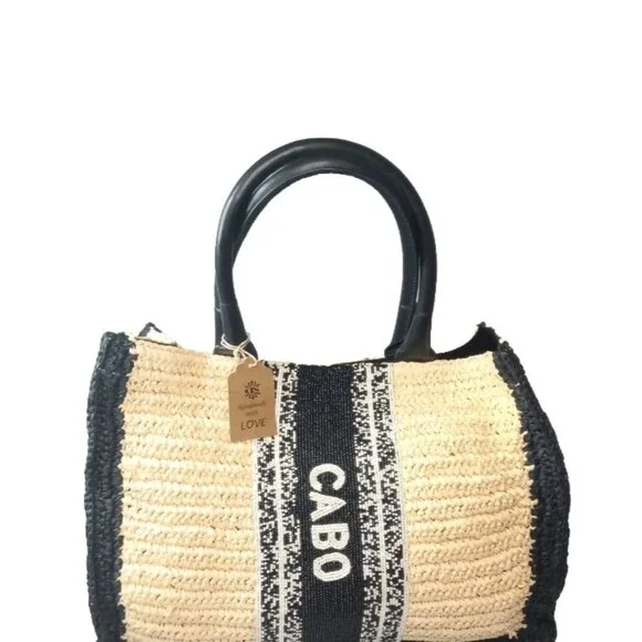 DE SIENA CABO Raffia Tote Bag Natural & Black Beaded Bag Retail $458 - Picture 4 of 10